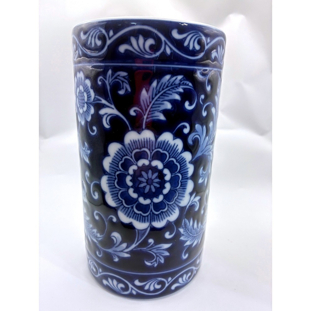 Pier 1 Cylinder Vase 7.75in Cobalt Blue White Chinoiserie Floral Ceramic Decor